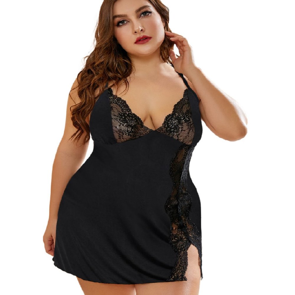 New Black Lace Stitching Plus Size Babydoll